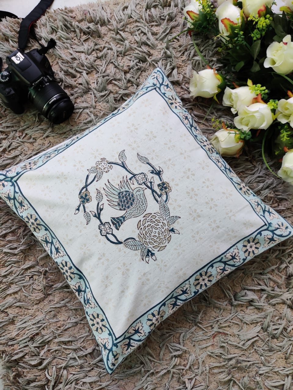 Free Bird Print Grey Cotton Cushion Covers 16" Set of 5 pieces