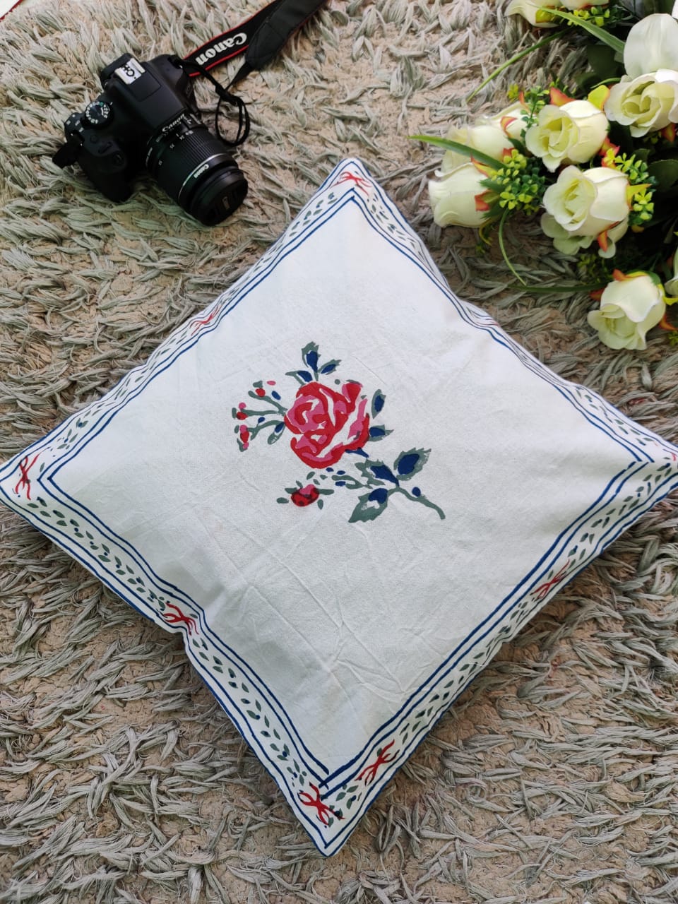 Red Rose Stick Cotton Cushion Covers 16" Set of 5 pieces