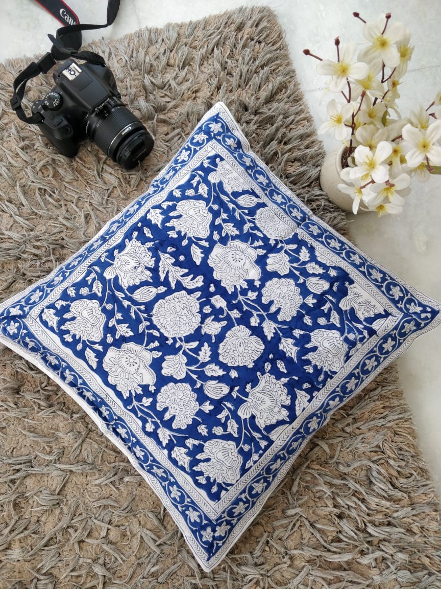 Bouquet of Flowers in Blue Base Cotton Cushion Covers 16" Set of 5 pieces