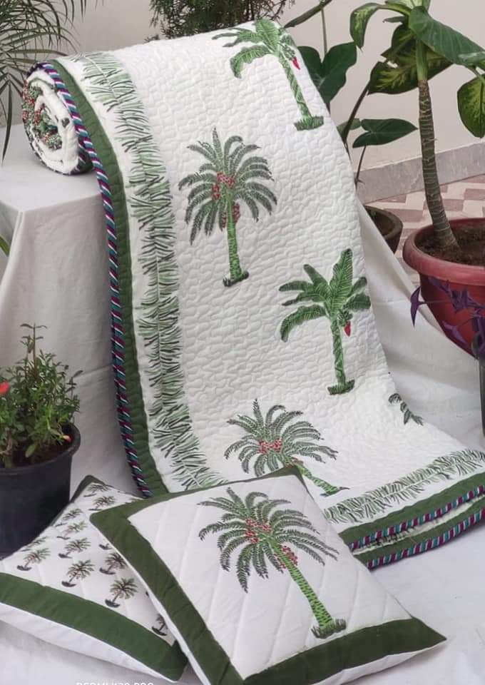 Coconut Green Reversible Jaipuri Block Print Razai - Image 3