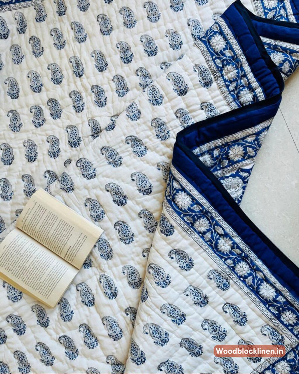 Blue Paisley Handblock Reversible Jaipuri Mulmul Cotton Quilt 5 Blue Paisley Handblock Reversible Jaipuri Mulmul Cotton Quilt - Image 3