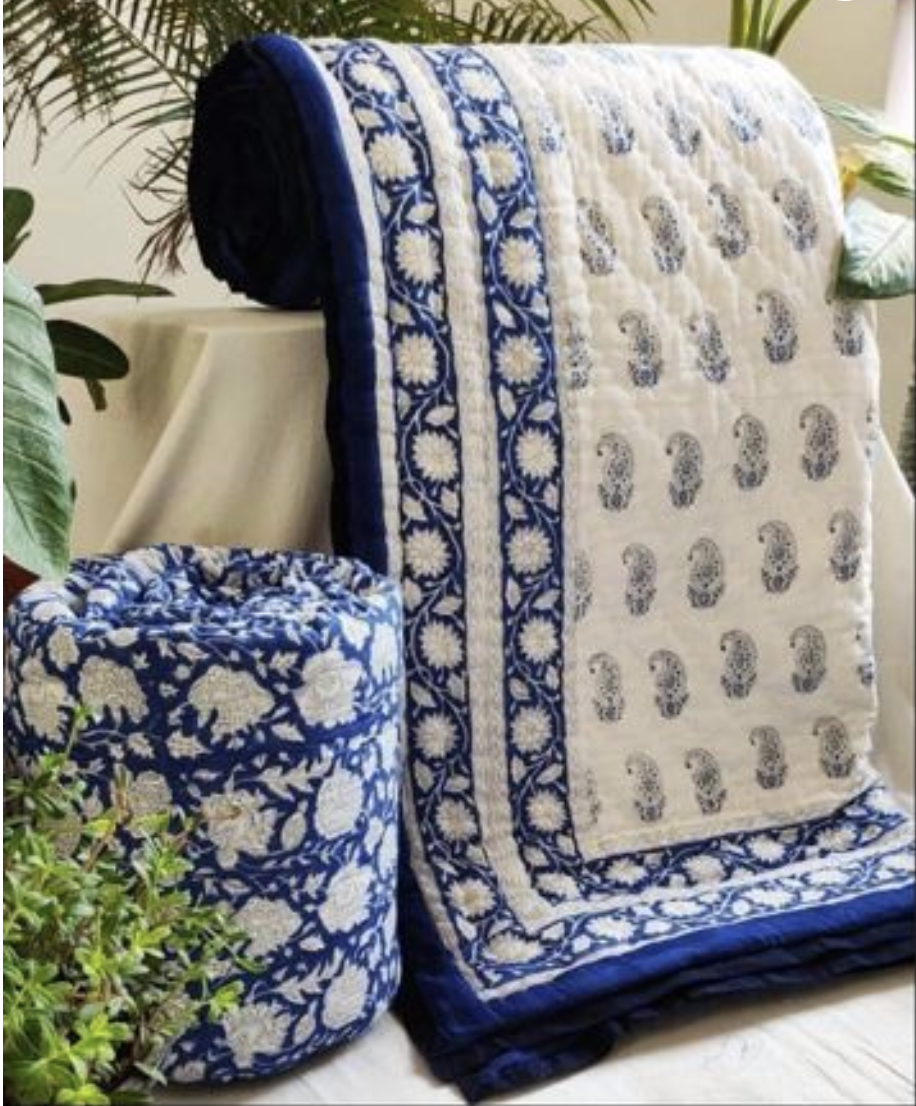Blue Paisley Handblock Reversible Jaipuri Mulmul Cotton Quilt 3 Blue Paisley Handblock Reversible Jaipuri Mulmul Cotton Quilt - Image 2