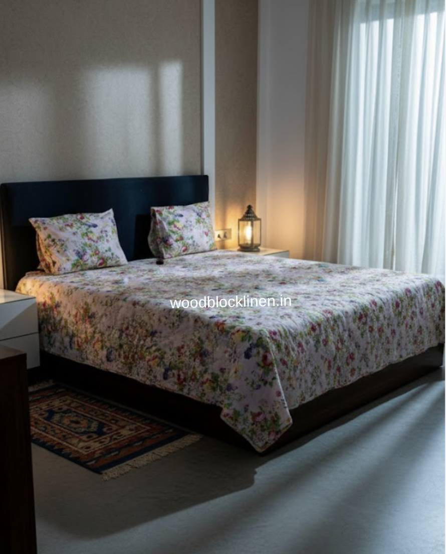 Garden Trellis Pink Handblock Reversible Jaipuri Mulmul Cotton Quilt 5 Garden Trellis Pink Handblock Reversible Jaipuri Mulmul Cotton Quilt - Image 3
