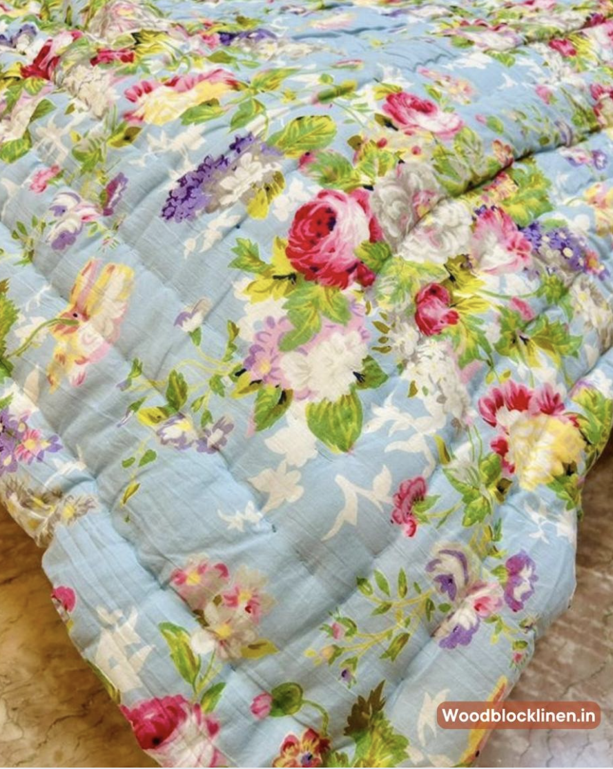 Garden Trellis Blue Handblock Reversible Jaipuri Mulmul Cotton Quilt 3 Garden Trellis Blue Handblock Reversible Jaipuri Mulmul Cotton Quilt - Image 2