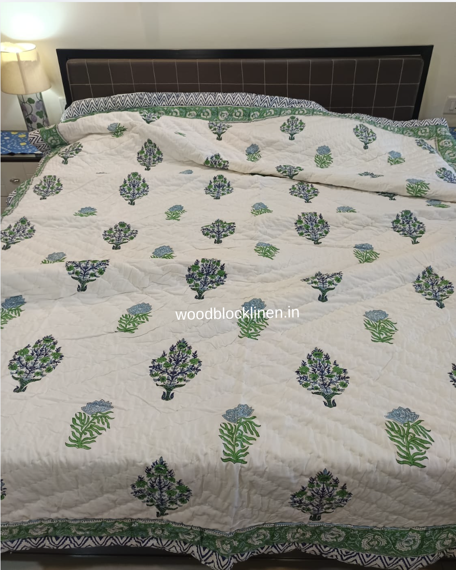 Green Boota Handblock Reversible Jaipuri Mulmul Cotton Quilt 5 Green Boota Handblock Reversible Jaipuri Mulmul Cotton Quilt - Image 3