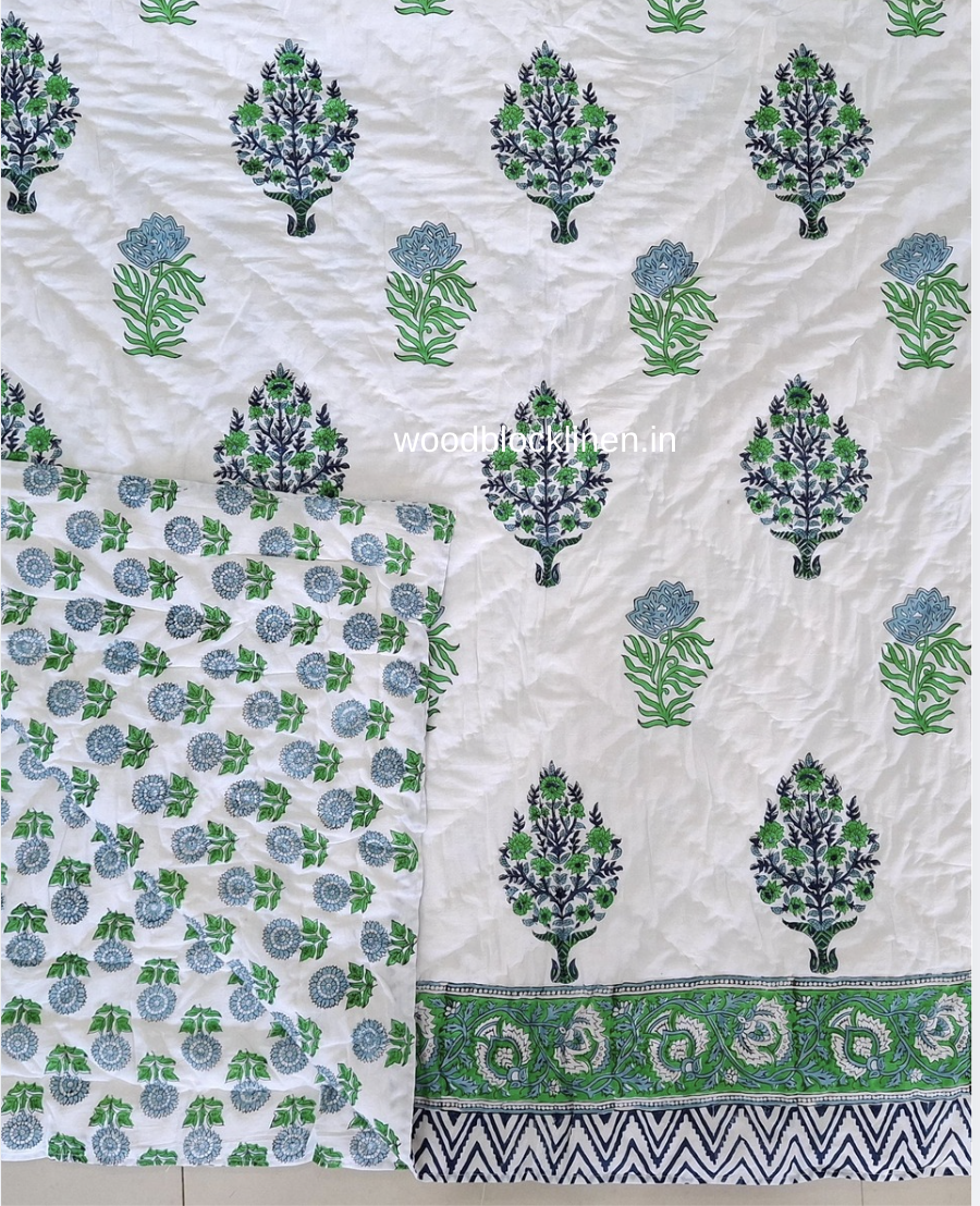 Green Boota Handblock Reversible Jaipuri Mulmul Cotton Quilt 3 Green Boota Handblock Reversible Jaipuri Mulmul Cotton Quilt - Image 2