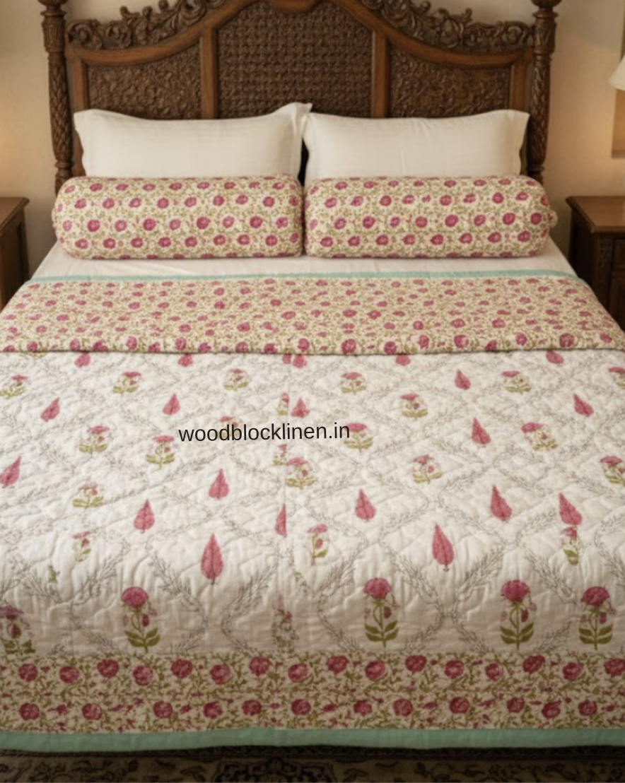 Petals of Love Handblock Reversible Jaipuri Mulmul Cotton Quilt - Image 3