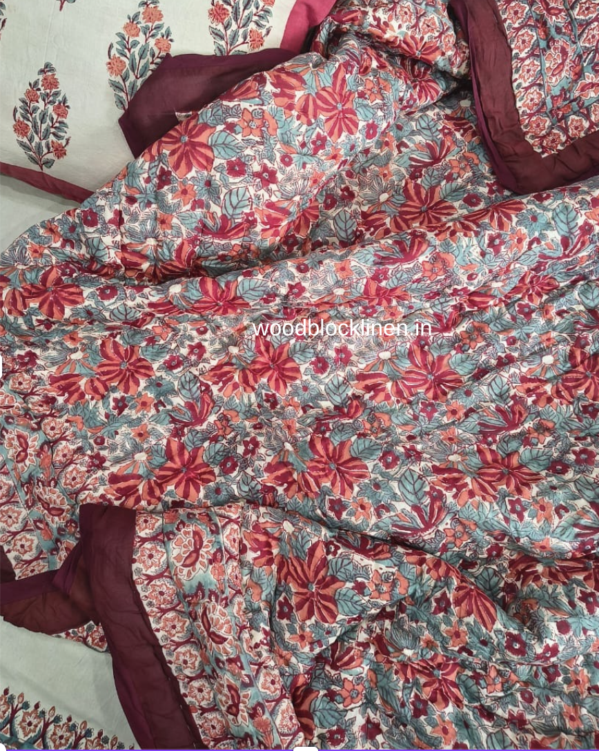 Red Buta Handblock Reversible Jaipuri Mulmul Cotton Quilt 5 Red Buta Handblock Reversible Jaipuri Mulmul Cotton Quilt - Image 3