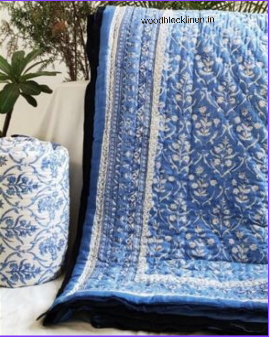 Sky Mist Handblock Reversible Jaipuri Mulmul Cotton Quilt 5 Sky Mist Handblock Reversible Jaipuri Mulmul Cotton Quilt - Image 3