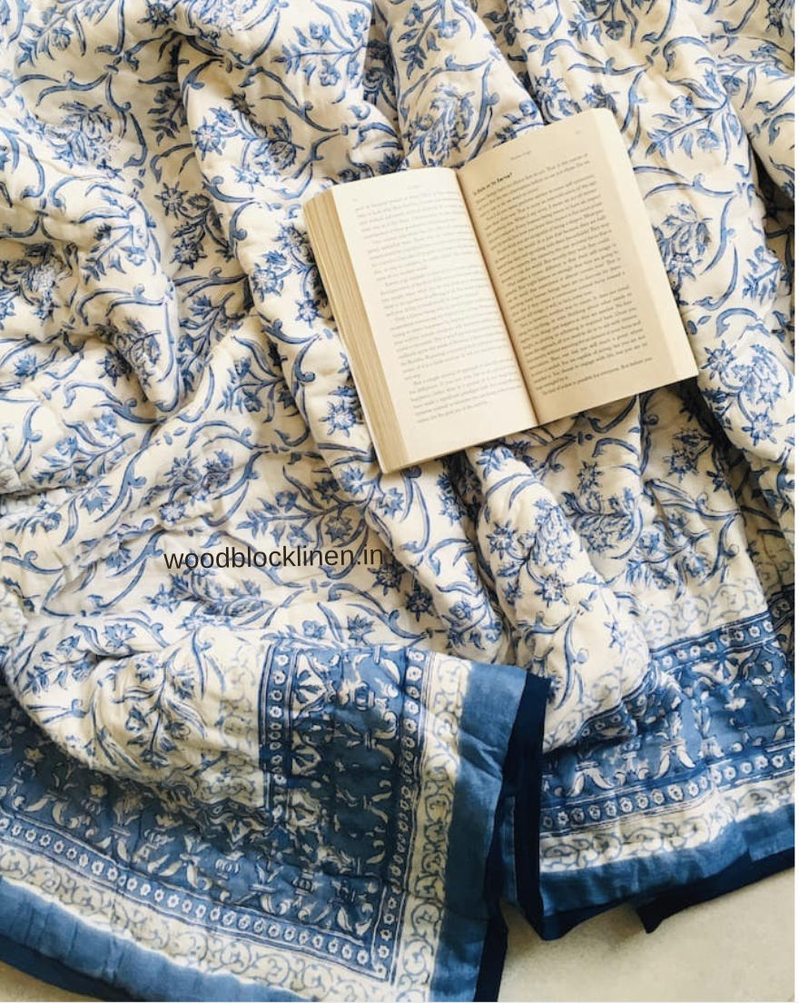 Sky Mist Handblock Reversible Jaipuri Mulmul Cotton Quilt 3 Sky Mist Handblock Reversible Jaipuri Mulmul Cotton Quilt - Image 2