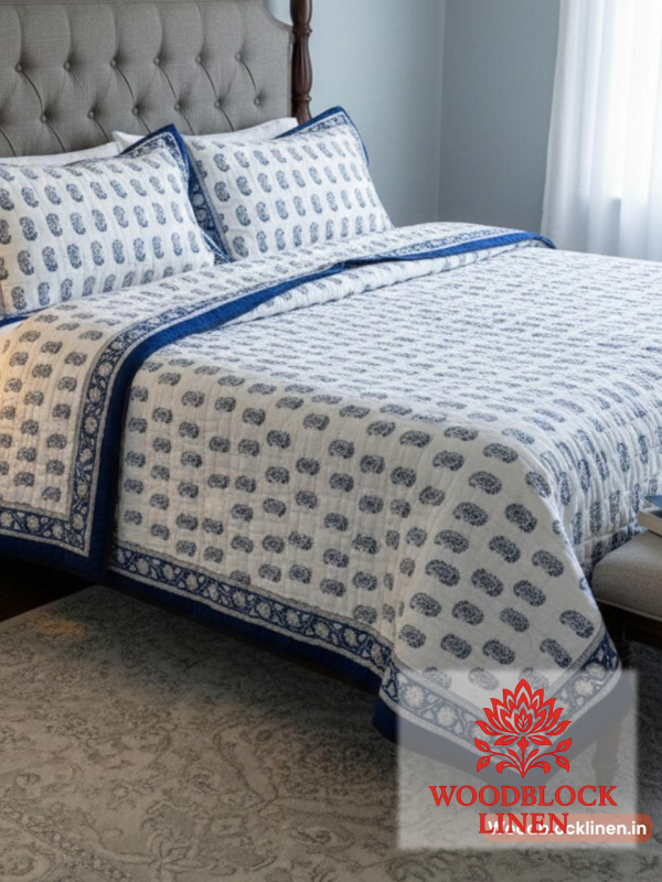 Blue Paisley Handblock Reversible Jaipuri Mulmul Cotton Quilt 5 Blue Paisley Handblock Reversible Jaipuri Mulmul Cotton Quilt - Image 3