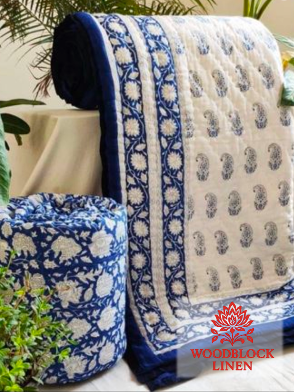 Blue Paisley Handblock Reversible Jaipuri Mulmul Cotton Quilt 3 Blue Paisley Handblock Reversible Jaipuri Mulmul Cotton Quilt - Image 2