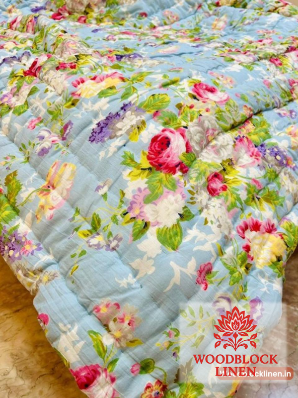 Garden Trellis Blue Handblock Reversible Jaipuri Mulmul Cotton Quilt 3 Garden Trellis Blue Handblock Reversible Jaipuri Mulmul Cotton Quilt - Image 2