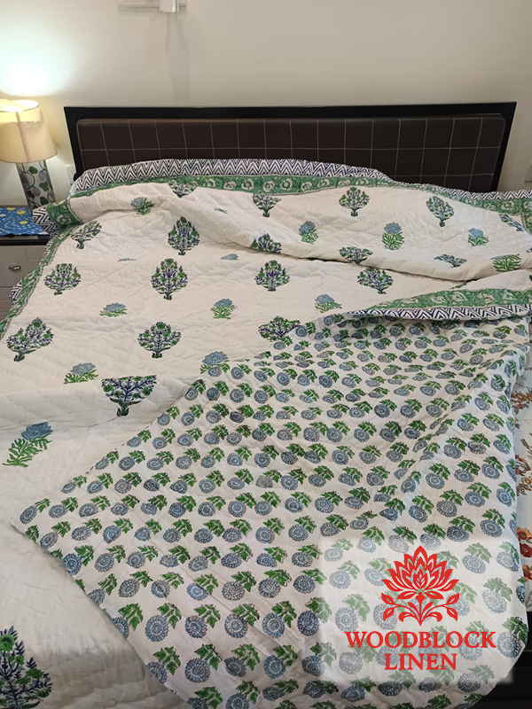 Green Boota Handblock Reversible Jaipuri Mulmul Cotton Quilt 3 Green Boota Handblock Reversible Jaipuri Mulmul Cotton Quilt - Image 2