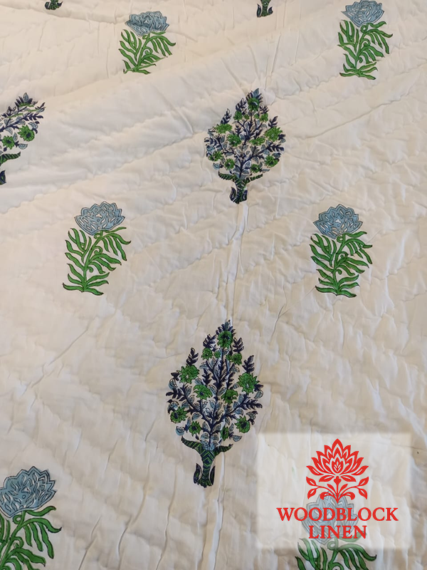 Green Boota Handblock Reversible Jaipuri Mulmul Cotton Quilt 5 Green Boota Handblock Reversible Jaipuri Mulmul Cotton Quilt - Image 3