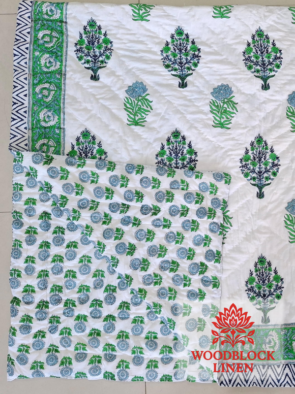 Green Boota Handblock Reversible Jaipuri Mulmul Cotton Quilt 7 Green Boota Handblock Reversible Jaipuri Mulmul Cotton Quilt - Image 4