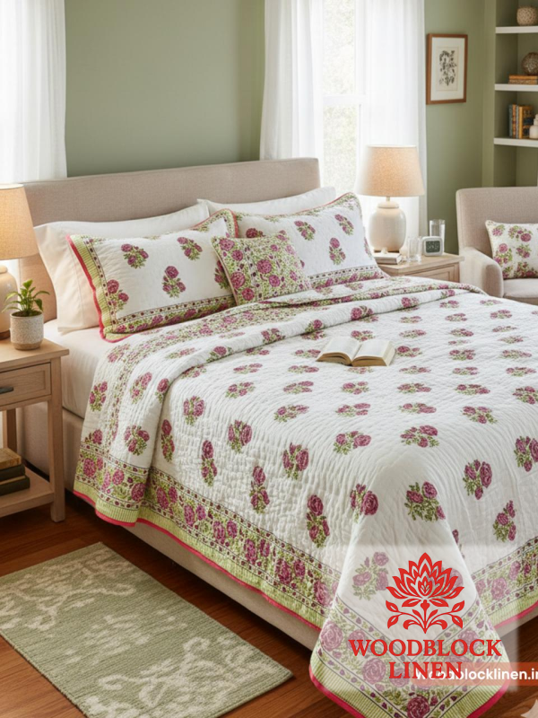 Gulab Bagh Handblock Reversible Jaipuri Mulmul Cotton Quilt 3 Gulab Bagh Handblock Reversible Jaipuri Mulmul Cotton Quilt - Image 2