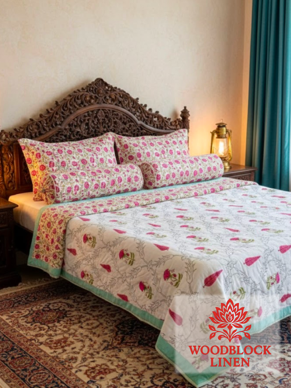 Petals of Love Handblock Reversible Jaipuri Mulmul Cotton Quilt - Image 2