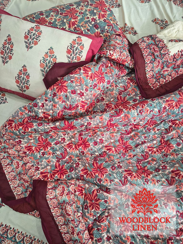 Red Buta Handblock Reversible Jaipuri Mulmul Cotton Quilt 5 Red Buta Handblock Reversible Jaipuri Mulmul Cotton Quilt - Image 3