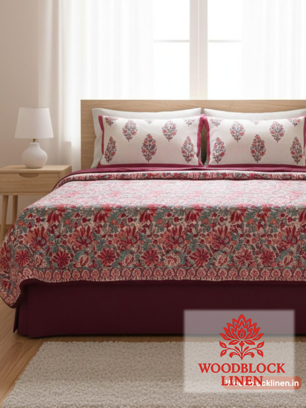 Red Buta Handblock Reversible Jaipuri Mulmul Cotton Quilt 3 Red Buta Handblock Reversible Jaipuri Mulmul Cotton Quilt - Image 2