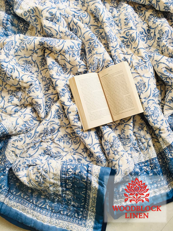 Sky Mist Handblock Reversible Jaipuri Mulmul Cotton Quilt 5 Sky Mist Handblock Reversible Jaipuri Mulmul Cotton Quilt - Image 3