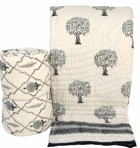 Tree of Life Reversible Jaipuri Block Print Razai - Image 2