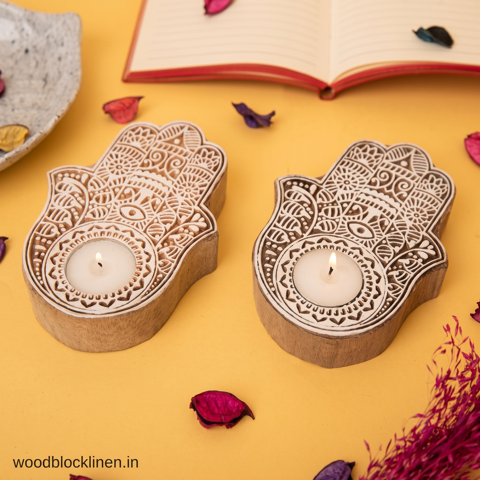 Hand-Craved Hamsa Wooden Tea Light Holder 2 a clean