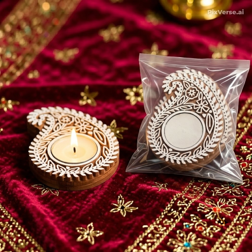 Hand Craved Paisley Wooden Tea Light Holder 2 c clean