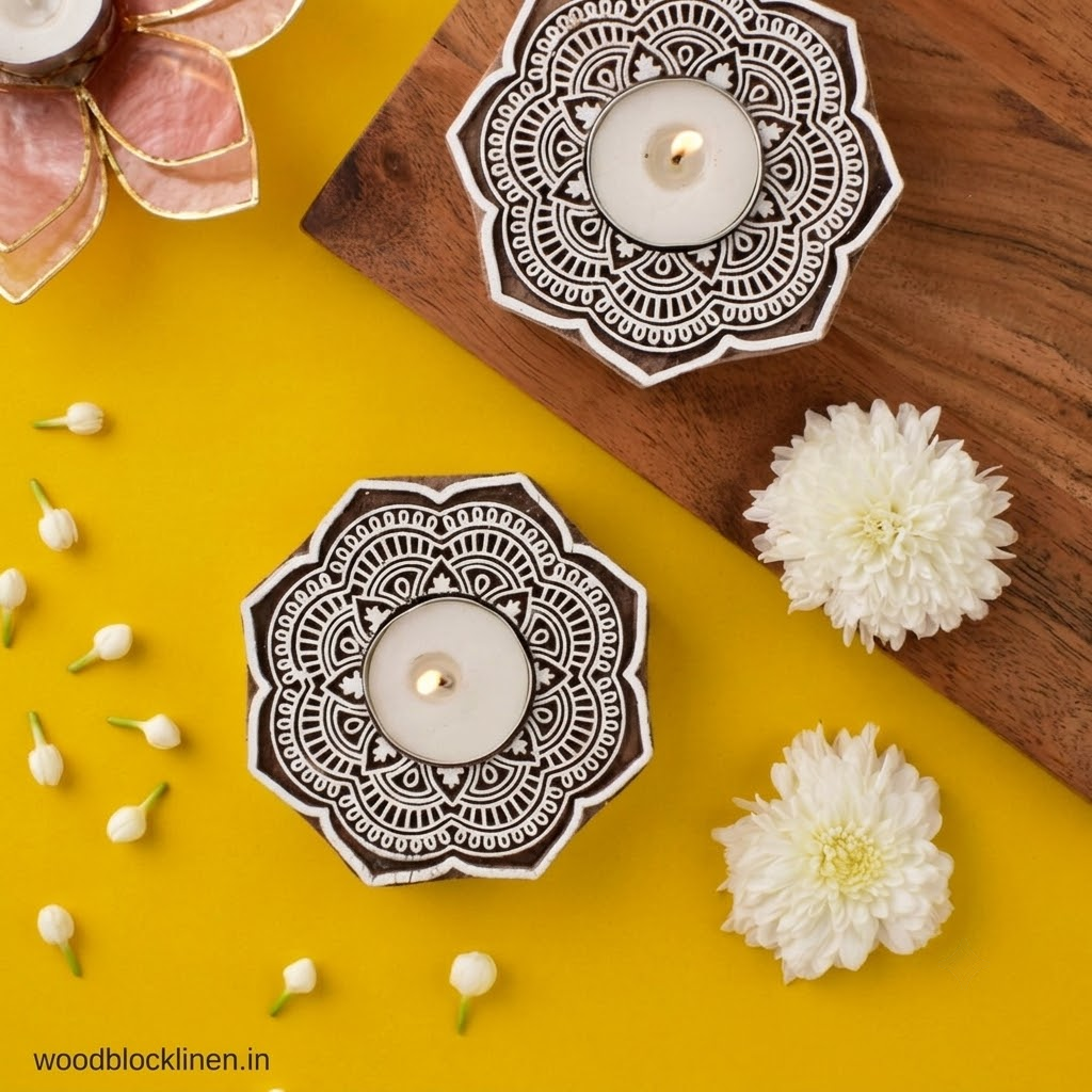 Hand Craved Lotus Wooden tea Light Holder 2 e clean